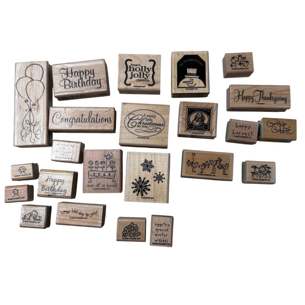 Wooden Rubber Stamps Bundle Lot of 23 Holiday and Birthday Seasonal Stamping